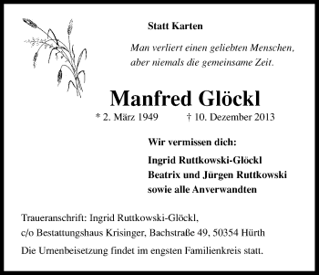 Anzeige von Manfred Glöckl von Kölner Stadt-Anzeiger / Kölnische Rundschau / Express