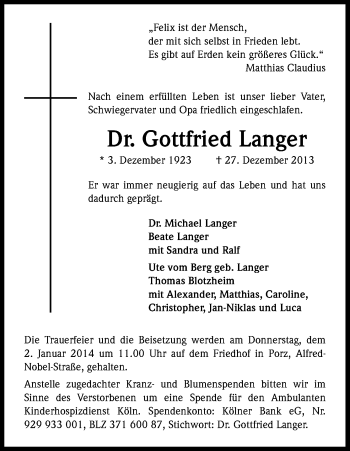 Anzeige von Gottfried Langer von Kölner Stadt-Anzeiger / Kölnische Rundschau / Express