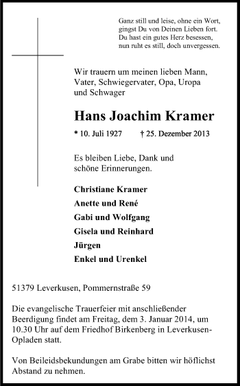Anzeige von Hans Joachim Kramer von Kölner Stadt-Anzeiger / Kölnische Rundschau / Express