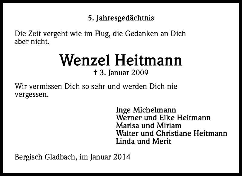  Traueranzeige für Wenzel Heitmann vom 04.01.2014 aus Kölner Stadt-Anzeiger / Kölnische Rundschau / Express