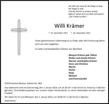 Anzeige von Willi Krämer von Kölner Stadt-Anzeiger / Kölnische Rundschau / Express