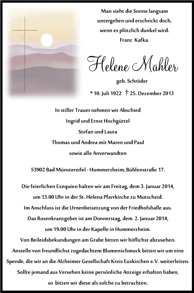  Traueranzeige für Helene Mahler vom 31.12.2013 aus Kölner Stadt-Anzeiger / Kölnische Rundschau / Express