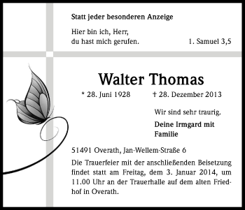 Anzeige von Walter Thomas von Kölner Stadt-Anzeiger / Kölnische Rundschau / Express