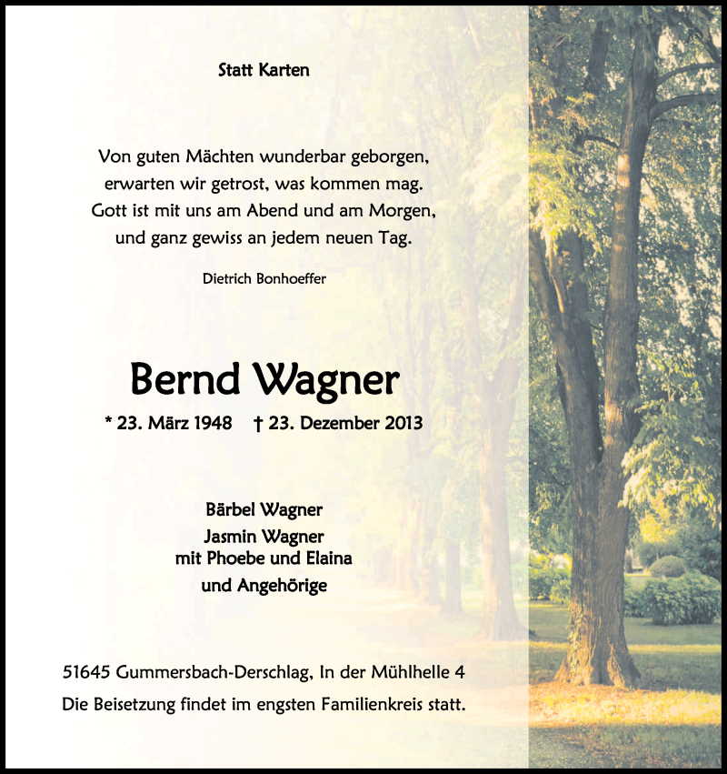  Traueranzeige für Bernd Wagner vom 02.01.2014 aus Kölner Stadt-Anzeiger / Kölnische Rundschau / Express