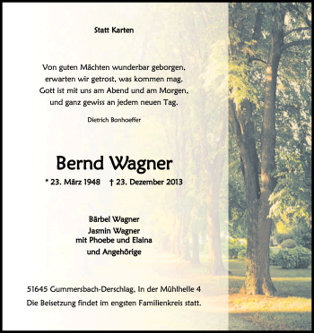 Anzeige von Bernd Wagner von Kölner Stadt-Anzeiger / Kölnische Rundschau / Express