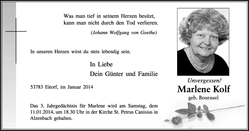  Traueranzeige für Marlene Kolf vom 04.01.2014 aus Kölner Stadt-Anzeiger / Kölnische Rundschau / Express