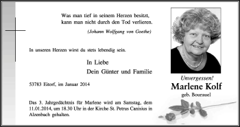 Anzeige von Marlene Kolf von Kölner Stadt-Anzeiger / Kölnische Rundschau / Express