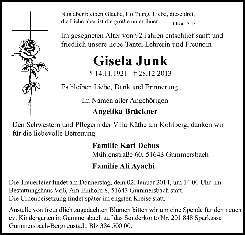  Traueranzeige für Gisela Junk vom 31.12.2013 aus Kölner Stadt-Anzeiger / Kölnische Rundschau / Express
