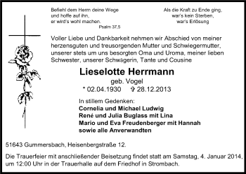 Anzeige von Lieselotte Herrmann von Kölner Stadt-Anzeiger / Kölnische Rundschau / Express