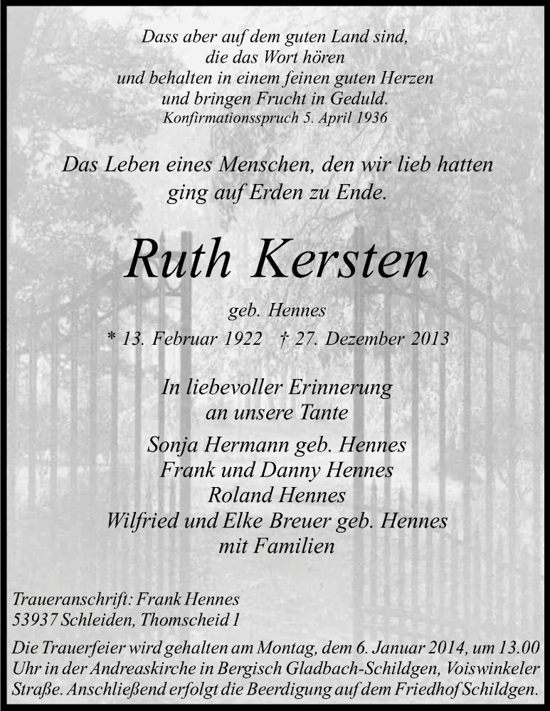  Traueranzeige für Ruth Kersten vom 31.12.2013 aus Kölner Stadt-Anzeiger / Kölnische Rundschau / Express