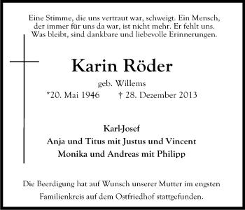 Anzeige von Karin Röder von Kölner Stadt-Anzeiger / Kölnische Rundschau / Express