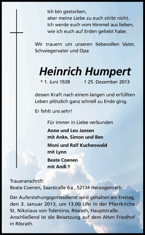  Traueranzeige für Heinrich Humpert vom 31.12.2013 aus Kölner Stadt-Anzeiger / Kölnische Rundschau / Express