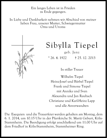 Anzeige von Sibylla Tiepel von Kölner Stadt-Anzeiger / Kölnische Rundschau / Express