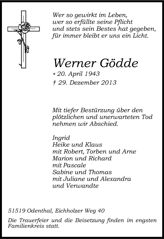  Traueranzeige für Werner Gödde vom 31.12.2013 aus Kölner Stadt-Anzeiger / Kölnische Rundschau / Express