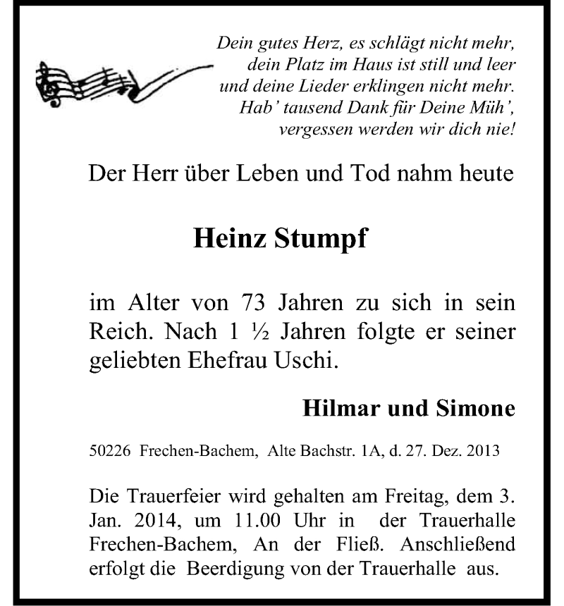  Traueranzeige für Heinz Stumpf vom 31.12.2013 aus Kölner Stadt-Anzeiger / Kölnische Rundschau / Express