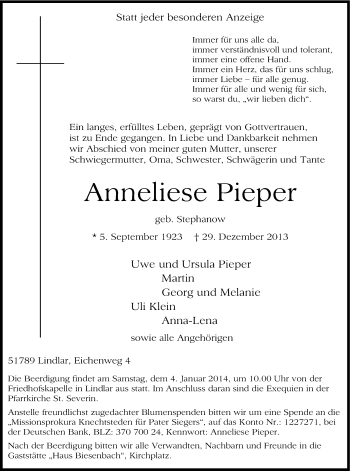 Anzeige von Anneliese Pieper von Kölner Stadt-Anzeiger / Kölnische Rundschau / Express