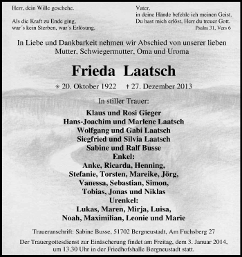 Anzeige von Frieda Laatsch von Kölner Stadt-Anzeiger / Kölnische Rundschau / Express