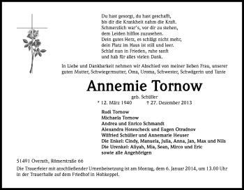 Anzeige von Annemie Tornow von Kölner Stadt-Anzeiger / Kölnische Rundschau / Express