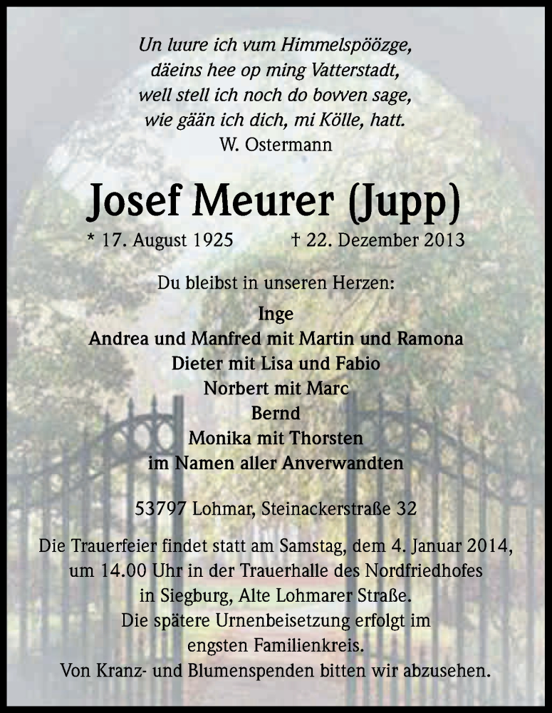  Traueranzeige für Josef Meurer vom 31.12.2013 aus Kölner Stadt-Anzeiger / Kölnische Rundschau / Express