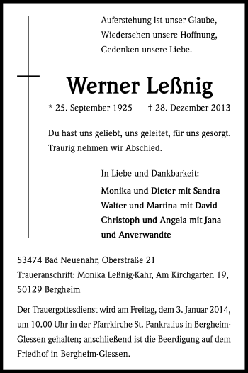 Anzeige von Werner Leßnig von Kölner Stadt-Anzeiger / Kölnische Rundschau / Express