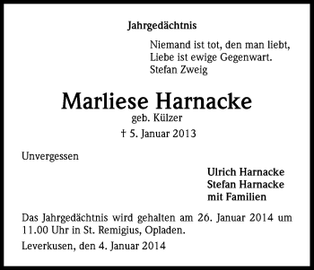 Anzeige von Marliese Harnacke von Kölner Stadt-Anzeiger / Kölnische Rundschau / Express