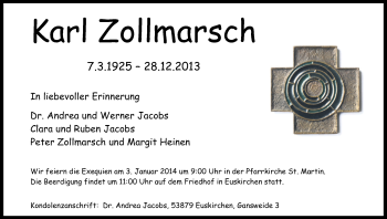 Anzeige von Karl Zollmarsch von Kölner Stadt-Anzeiger / Kölnische Rundschau / Express