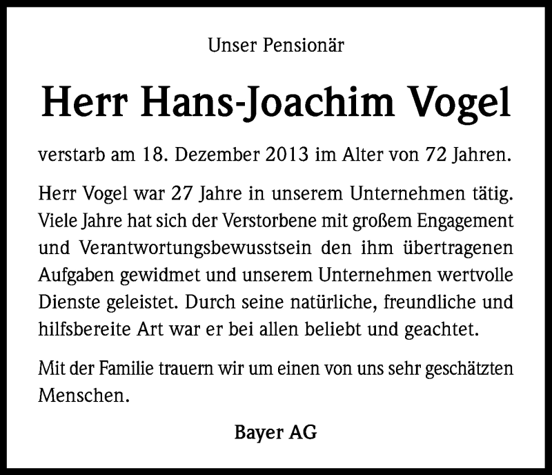  Traueranzeige für Hans-Joachim Vogel vom 02.01.2014 aus Kölner Stadt-Anzeiger / Kölnische Rundschau / Express