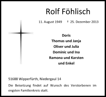 Anzeige von Rolf Föhlisch von Kölner Stadt-Anzeiger / Kölnische Rundschau / Express
