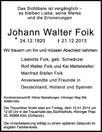 Anzeige von Johann Walter Foik von Kölner Stadt-Anzeiger / Kölnische Rundschau / Express