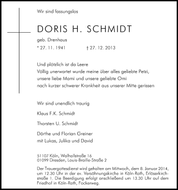Anzeige von Doris Schmidt von Kölner Stadt-Anzeiger / Kölnische Rundschau / Express