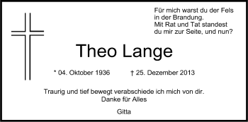 Anzeige von Theo Lange von Kölner Stadt-Anzeiger / Kölnische Rundschau / Express