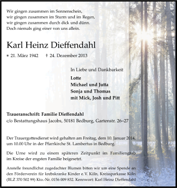 Anzeige von Karl-Heinz Dieffendahl von Kölner Stadt-Anzeiger / Kölnische Rundschau / Express
