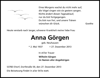 Anzeige von Anna Görgen von Kölner Stadt-Anzeiger / Kölnische Rundschau / Express