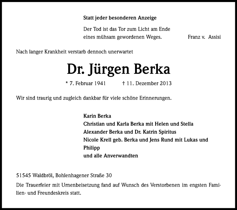  Traueranzeige für Jürgen Berka vom 31.12.2013 aus Kölner Stadt-Anzeiger / Kölnische Rundschau / Express