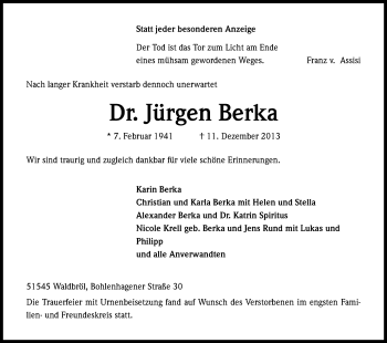 Anzeige von Jürgen Berka von Kölner Stadt-Anzeiger / Kölnische Rundschau / Express