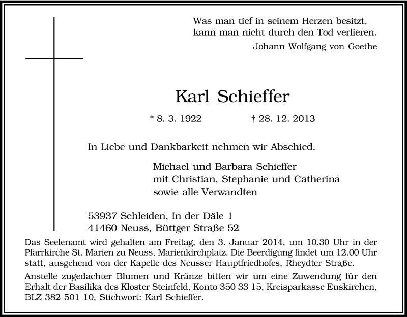  Traueranzeige für Karl Schieffer vom 31.12.2013 aus Kölner Stadt-Anzeiger / Kölnische Rundschau / Express
