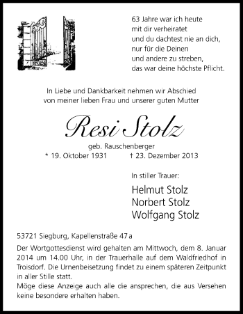 Anzeige von Resi Stolz von Kölner Stadt-Anzeiger / Kölnische Rundschau / Express