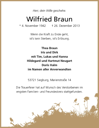 Anzeige von Wilfried Braun von Kölner Stadt-Anzeiger / Kölnische Rundschau / Express