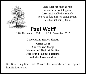 Anzeige von Wolff Paul von Kölner Stadt-Anzeiger / Kölnische Rundschau / Express