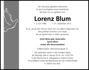 Anzeige von Lorenz Blum von Kölner Stadt-Anzeiger / Kölnische Rundschau / Express