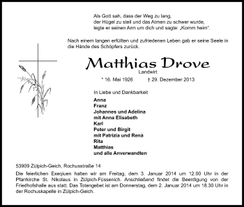 Anzeige von Matthias Drove von Kölner Stadt-Anzeiger / Kölnische Rundschau / Express