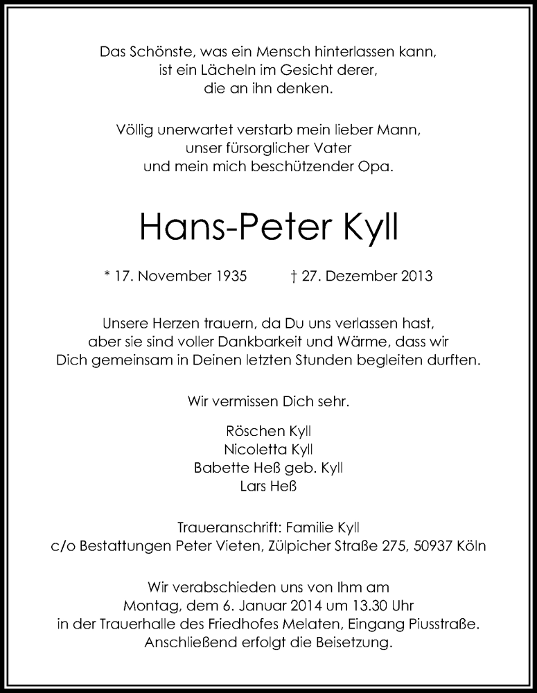  Traueranzeige für Hans Peter Kyll vom 04.01.2014 aus Kölner Stadt-Anzeiger / Kölnische Rundschau / Express