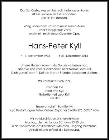 Anzeige von Hans Peter Kyll von Kölner Stadt-Anzeiger / Kölnische Rundschau / Express