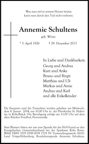 Anzeige von Annemie Schultens von Kölner Stadt-Anzeiger / Kölnische Rundschau / Express