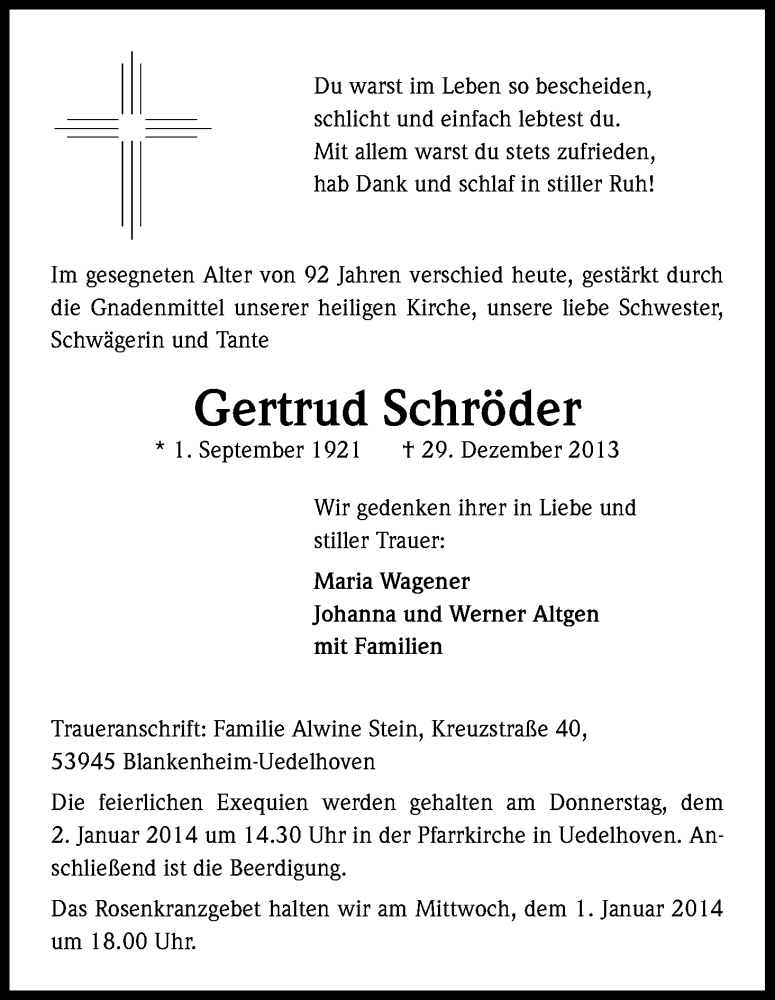  Traueranzeige für Gertrud Schröder vom 31.12.2013 aus Kölner Stadt-Anzeiger / Kölnische Rundschau / Express