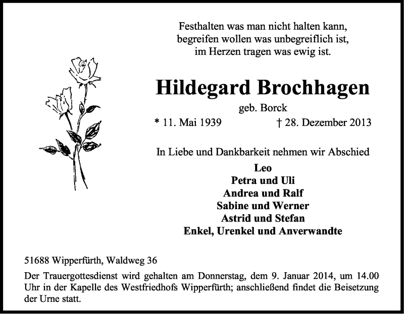  Traueranzeige für Hildegard Brochhagen vom 04.01.2014 aus Kölner Stadt-Anzeiger / Kölnische Rundschau / Express