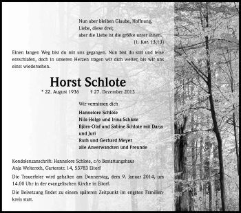 Anzeige von Horst Schlote von Kölner Stadt-Anzeiger / Kölnische Rundschau / Express