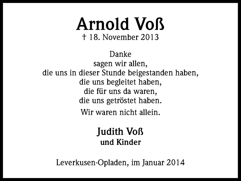  Traueranzeige für Arnold Voß vom 11.01.2014 aus Kölner Stadt-Anzeiger / Kölnische Rundschau / Express