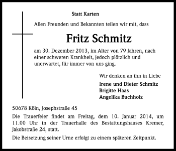 Anzeige von Fritz Schmitz von Kölner Stadt-Anzeiger / Kölnische Rundschau / Express
