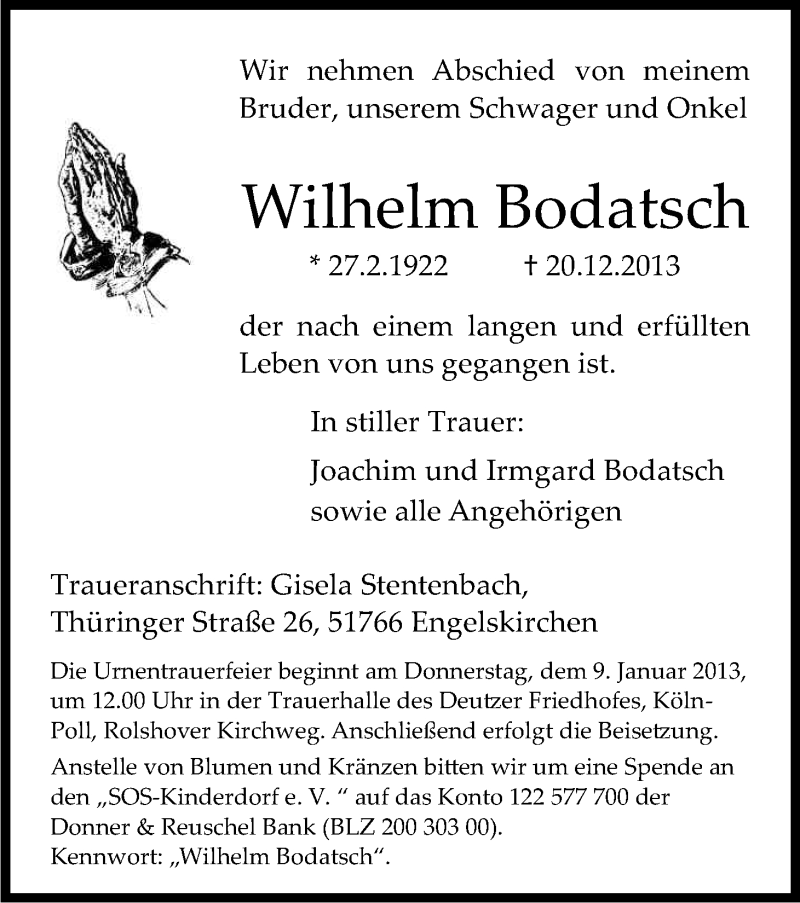  Traueranzeige für Wilhelm Bodatsch vom 04.01.2014 aus Kölner Stadt-Anzeiger / Kölnische Rundschau / Express